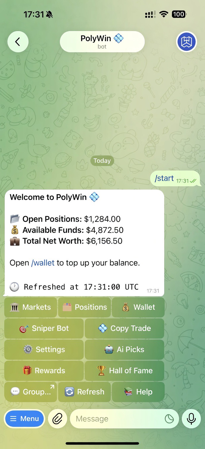 PolyWin main menu in Telegram